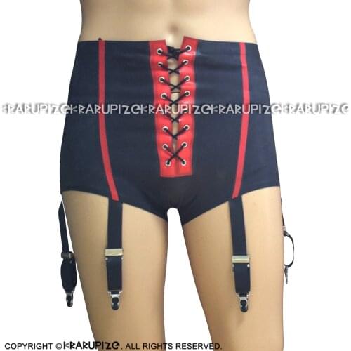 Black And Red Sexy Latex Shorts With Garters High Waist Rubber Briefs Suspenders Lacing At Front SEX-0057