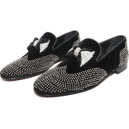 Handmade Black Velvet Groom Wedding Shoes with Beaded Embroidery and Leather Soles & Insoles, Shenbins Party Shoes