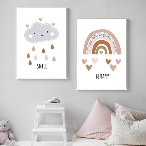 Cartoon Cloud Rainbow Canvas Painting Boho Nursery Posters and Prints Wall Art Pictures for Kids Room Bedroom Home Decoration