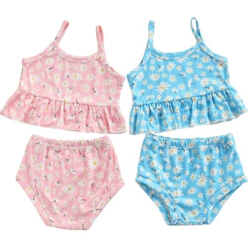 Toddler Girls 2PCS Summer Outfits, Sleeveless Daisy Print Ruffle Tops Vest + Shorts Set 6M-4T