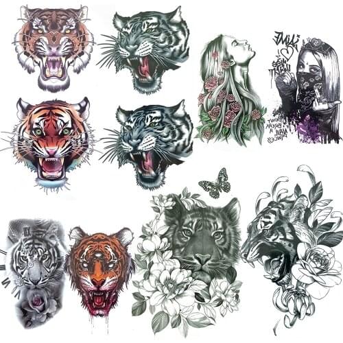 Minimalist Temporary Tattoos For Women Men Sexy Fake Animal Tiger Tattoo Transferable Gangster Flower Tatoos Cover Up Cosmetic