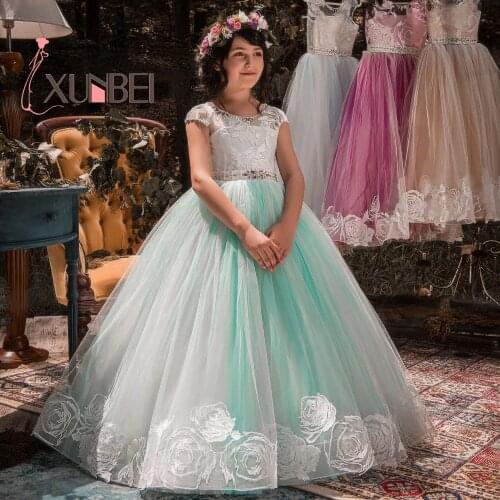 Mint Green Ball Gown Lace Flower Girl Dresses Floral Organza Floor Length Girls Pageant Dresses First Communion Dresses