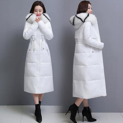 2021 Winter New Down Cotton Jacket Womens Long Knee Slim Thickened Jacket Fashion Large Wool Collar Jacket
