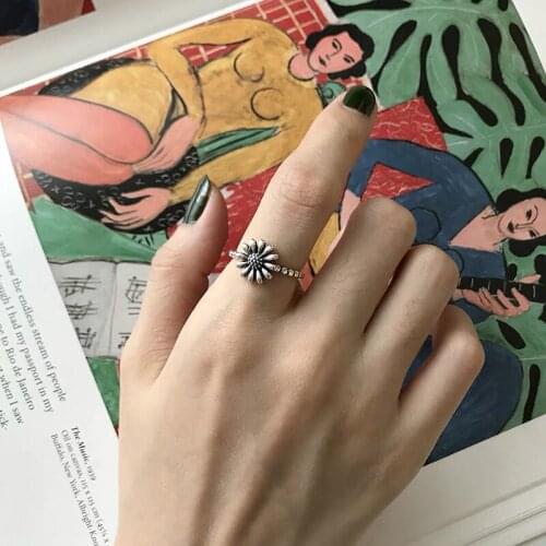 New Simple Personality Small Daisy Flower 925 Sterling Silver Jewelry Sunflower Retro Thai Silver Exquisite Opening Rings