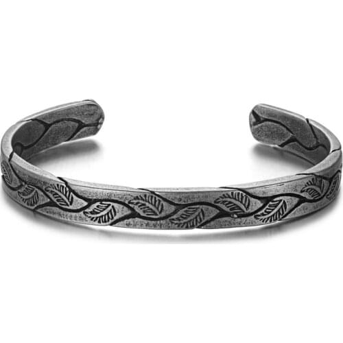 Retro Chinese style Leaf Pattern Punk Bracelet New Design Open Cuff Bangles for Men Jewelry