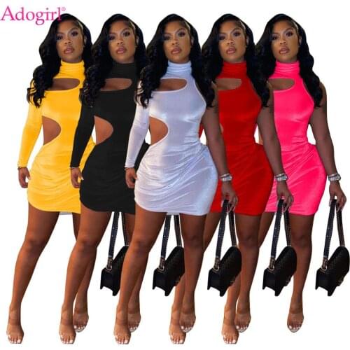 Adogirl Christmas Sexy Velvet Side Cut Mini Dress Xmas Women Mock Neck Hollow Out Long Sleeve Short Vestidos Club Party Robes