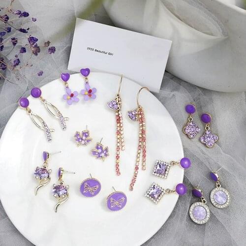 2020 Trendy Purple Color Multiple Geometric Earrings for Women Shiny Rhinestones Enamel Flower Drop Earrings Party Jewelry Gift