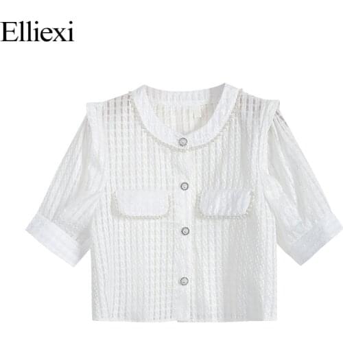 Elliexi Chic Chiffon Pearl Blouse Women 2021 Summer White Tops Puff Sleeve French Blouse Button Causal Shirt Women Blusas