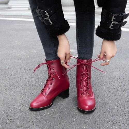 YMECHIC 2019 Plus Size Black White Lace Up High Heels Snow Boots Winter Ladies Office Dress Shoes Gothic Ankle Biker Boots Women