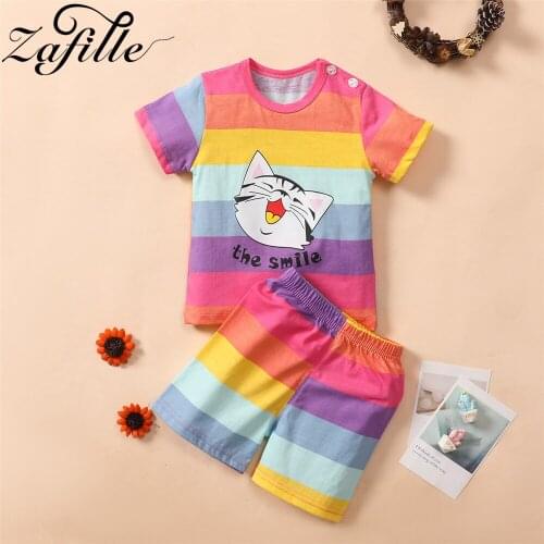 ZAFILLE 0-2Y Smile Cat Printed Cute Baby Girl Clothes Set Rainbow Striped Baby Clothes Outfits Summer Newborn Baby Sets 2021