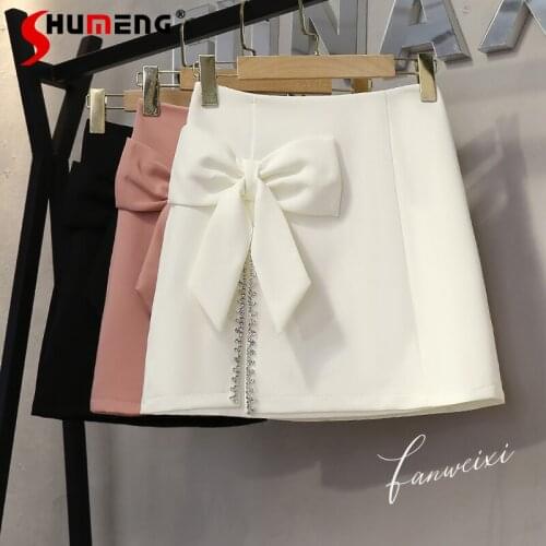 2021 Summer Ladies Fashion New Bow High Waist Slimming Mini Skirt Women Diamond-Embedded Split A- Line Hip Above Knee Skirt