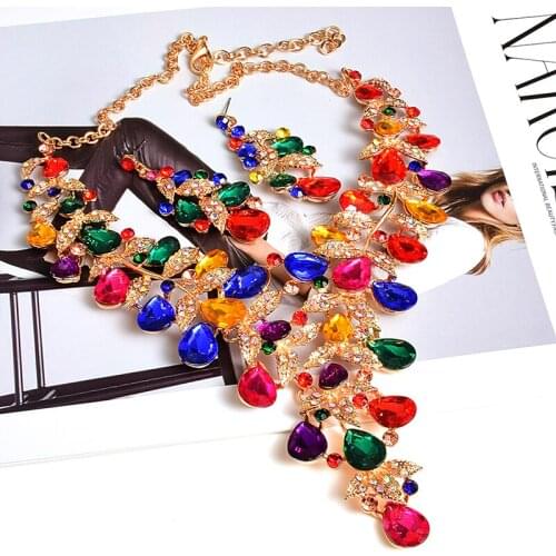 Women Big Large Necklaces Jewelry Colorful Luxury Crystal Bohemian Rhinestone Statement Vintage Necklace Jewelry Set