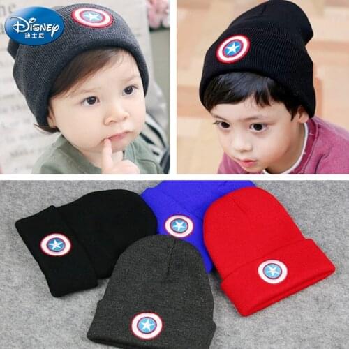 Winter New Kid Disney Captain America Shield Embroidery Woolen Knit Hat Boys Girls Solid Color Dome Cotton Warm Beanies Hat