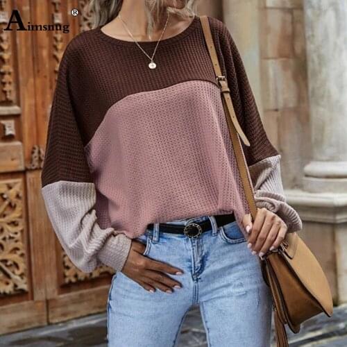 Aimsnug Long Sleeve New Patchwork Womens Sweaters Pullovers O Neck Loose 2020 Casual Spring Autumn Female Knitting Pullovers