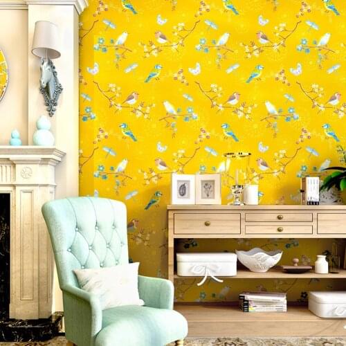 American Pastoral Flowers and Birds Wallpaper Vintage Yellow Floral Wall Paper Retro Living Room Tv Background Bedroom Decor