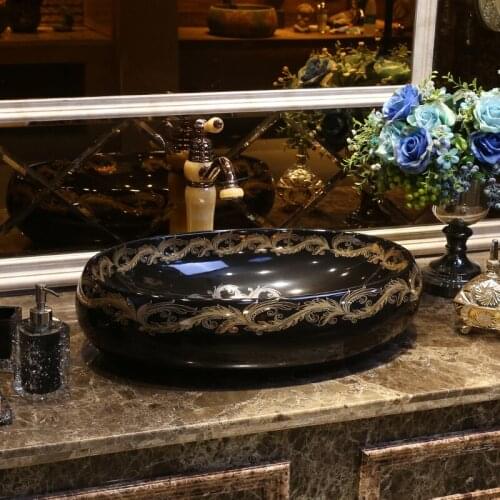 Black color oval basin bath wash basin art basin artistic basin gold pattern bathroom sinks bowl ceramic washbasin