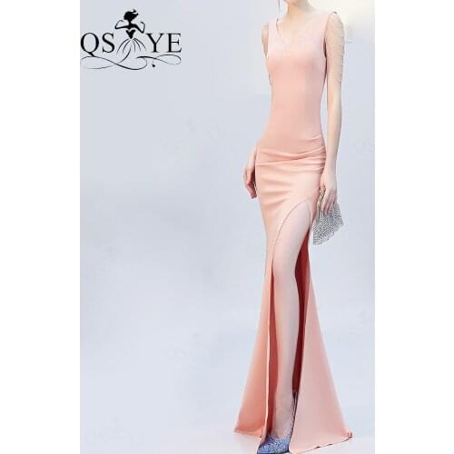 Pink Long Prom Dress Stretch Beading Straps Evening Dress V Neck Formal Party Gown Split Dress Beading Fit Bridesmaid Gown