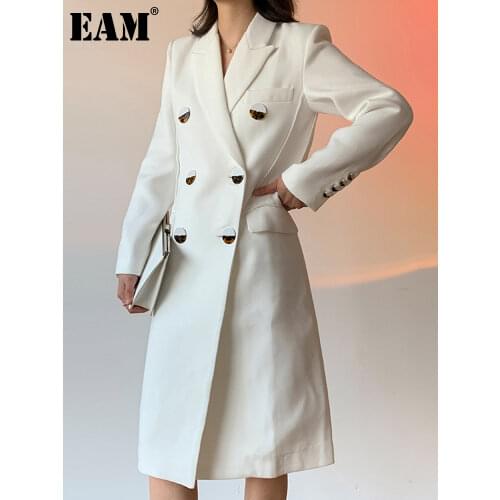 [EAM] Women big size long double breasted White Blazer New Notched Long Sleeve Loose Jacket Fashion Spring Autumn 2021 1DD5243