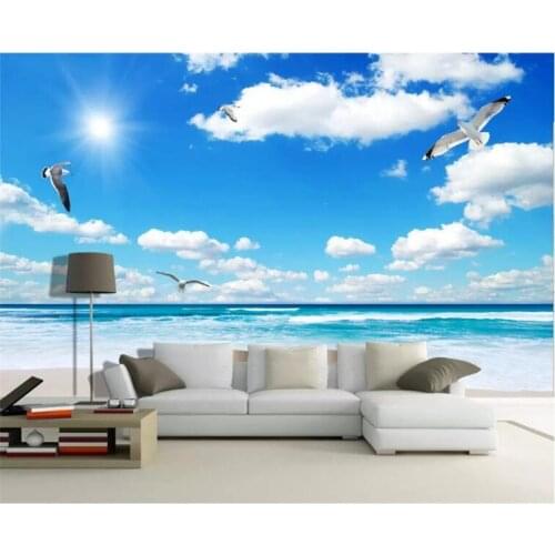 Custom Wall Mural Wallpaper Blue Sky White Clouds Sunshine Beach Maldives Sea View TV Backdrop Photo Wall Paper Wall Painting 3D