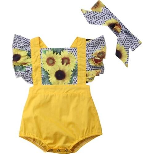 Pudcoco US Stock Fashion Newborn Kid Baby Girls Clothing Sunflower Short Sleeve Print Floral Romper Jumpsuit Sunsuit Outfits Set