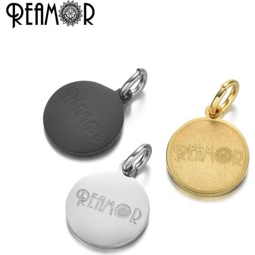 REAMOR Brand Logo Carved 316L Stainless Steel Double Sided Design Round Tags Dangle Charms for DIY Bracelets Jewelry Findings