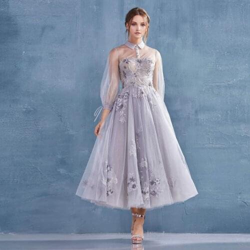 2021 Sweet Elegant Homecoming Dresses High Neck Long Sleeves Applique Tulle A-line Tea Length Women Prom Party Graduation Gowns