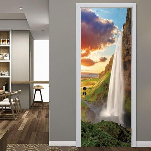 Landscape Picture Door Stickers Wall Art Sky Clouds Mountain Waterfall Bedroom Living Room Decoration Door Decals Two Pieces Set