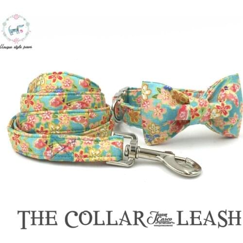 Soft Breeze Flower Dog Cat Collar Set with Bow Tie and Leash Personal Custom Puppy Necklace XS-XL