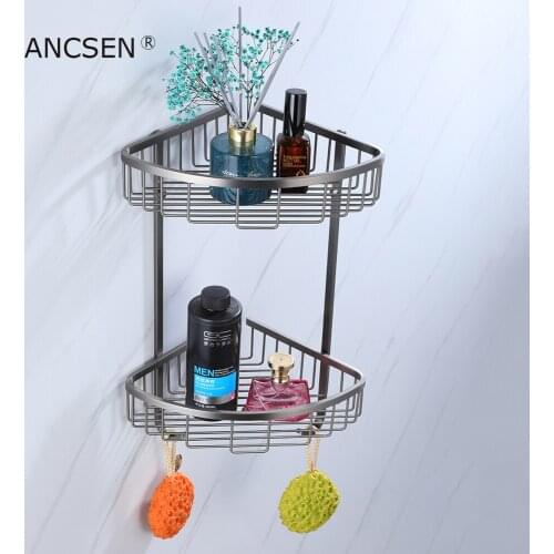 Gun-Grey Stainless Steel Double-Deck Triangle Basket Bathroom Corner Rack Bathroom Storage Rack Shower Room Basket Rack Storage