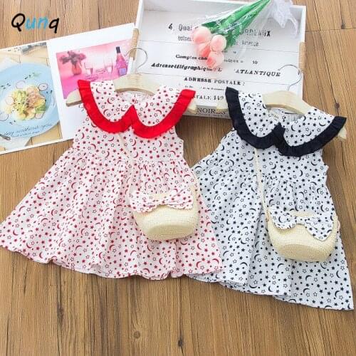 Qunq Girls Summer Dress 2021 New Stars and moon Print Casual Kids Clothes for Girl 1 2 3 4 5 Year Toddler Children Clothing