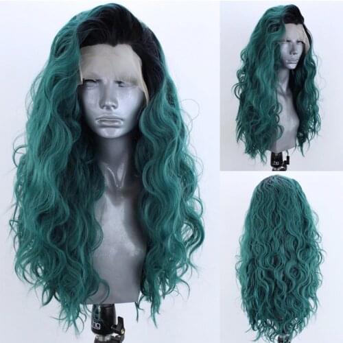 RONGDUOYI Ombre Green Synthetic Lace Front Wig Long Natural Wave Wigs for Women Side Part High Temperature Lace Wig Cosplay Wigs