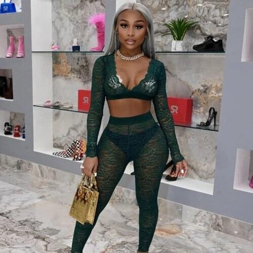 Sexy Lace Floral Two Piece Set Women Spring Long Sleeve V Neck Crop Top and Skinny Pants Set See Through 2 Piece Club Outfits