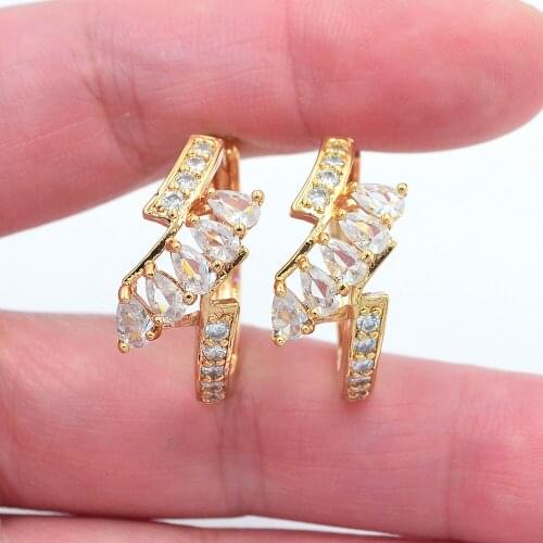 Gold Color Women Fashion White Cubic Zirconia CZ Flower Huggie Hoop Earrings Jewelry