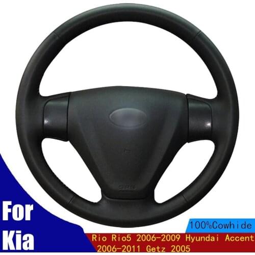 Car Steering Wheel Covers Hand-stitched Black Genuine Leather For Kia Rio Rio5 2006-2009 Hyundai Accent 2006-2011 Getz 2005