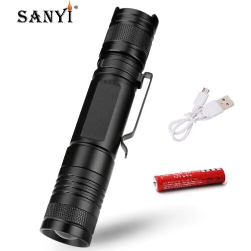 Sanyi XML T6 LED Tactical Flashlight 5 Modes Aluminum Torch Waterproof Zoomable USB Rechargeable 18650 Light Camping Lantern