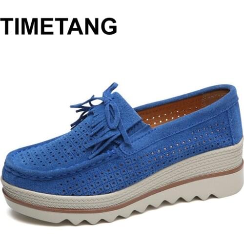 TIMETANG Genuine Suede Leather Womens Platform Sneakers Summer Tassel Hollow Flat Women Shoes Casual Slip On Creepers Moccasins
