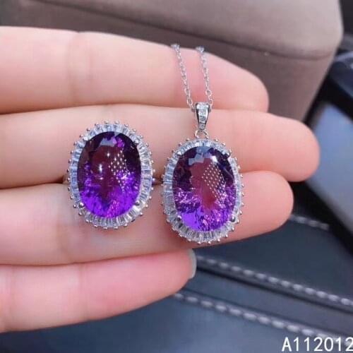 KJJEAXCMY fine jewelry natural Amethyst 925 sterling silver exquisite girl pendant necklace ring set support test hot selling