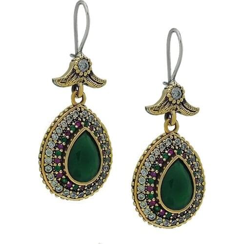Green Emerald Cubic Zirconia Silver Drop Pattern Natural Stone Earrings Ottoman Hurrem Didar Sultan Tag For Jewelry