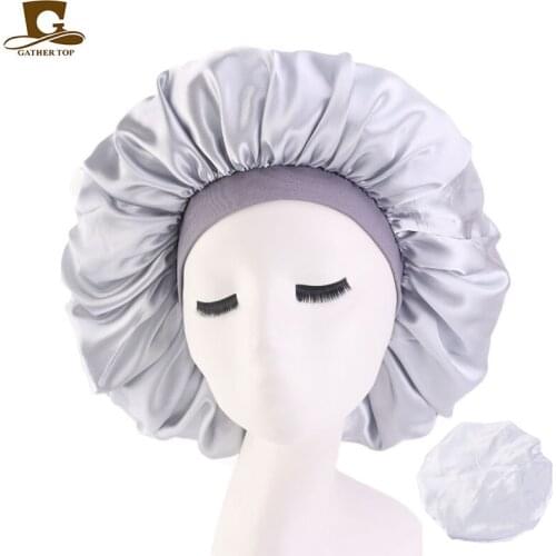 30pcs/lot Women Big Size Beauty print Satin Silk Bonnet Sleep Night Cap Head Cover Bonnet Hat for For Curly Springy Hair Black