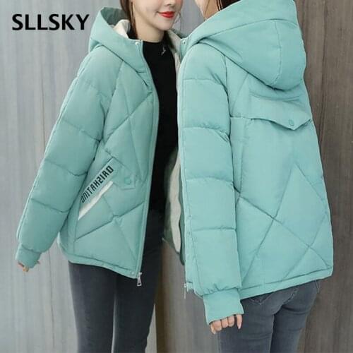 Sllsky Solid Patchwork Warm Parka Female Winter Hooded Thicken Down Cotton Jacket 2020 Fashion Korean style Loose Zipper Coat