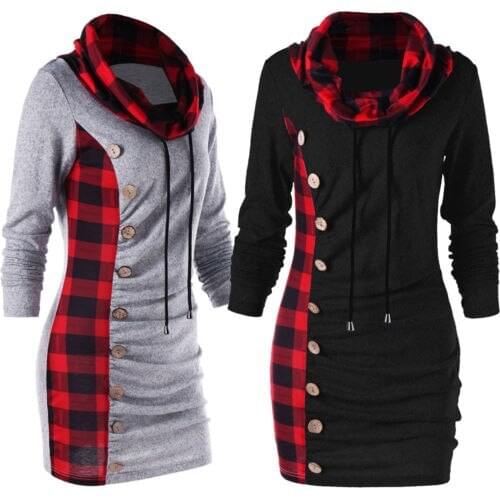 Womens Long Sleeve High Collar Hoody Hoodie Dress Loose Casual Long Tops Button Hoodies & Sweatshirts Female Plaid Coats