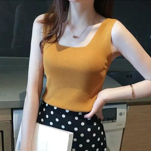 Womens Summer Tank Tops Knitted Camisole Vest Yellow Blue Sexy Tunic Blouses Women Casual Elegant Korean Clothing Free Shipping