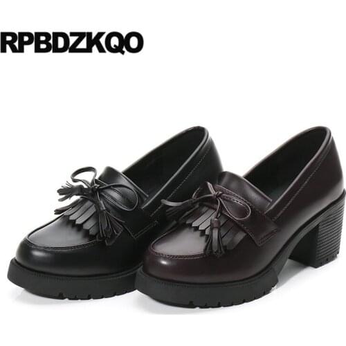 Pumps tassel black 2019 sweet round toe block japanese size 4 34 bow high heels wine red patent leather shoes chunky thick women