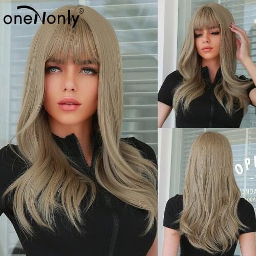 OneNonly Long Brown Milk Tea Color Wigs with Bangs Natural Wave Heat Resistant Wavy Hair Synthetic Wig for Women Daliy Cosplay