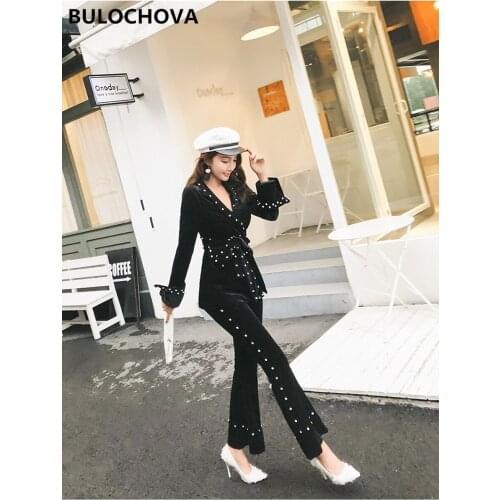 Womens Suits 2020 Newest Womans Long Sleeve Black Velvet Drill Lacing Jacket Coat + Wide leg pants Trouser Suit 2 Pieces Sets