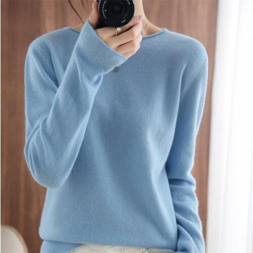 Womens long-sleeved standard knitted cashmere sweater for fall/winter round neck pullover solid color bottoming curled sweater