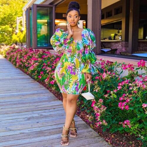 Floral Print Elegant Pleated Wrap Dresses Women Fall Square Collar Long Puff Sleeve Vestido Vintage Open Back Package Hip Robe