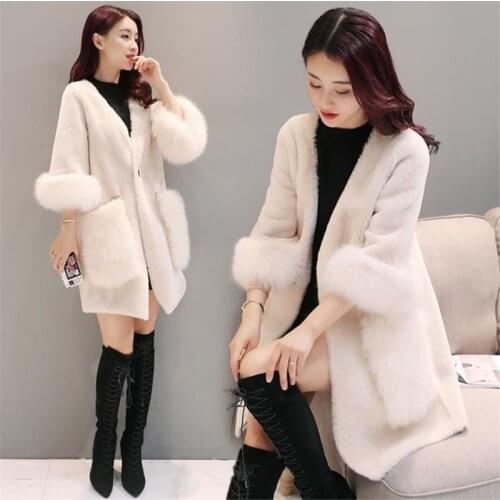 Winter faux sheepskin woolen coat mid-length Korean faux fox fur Thicken Explosion grass womens faux cashmere coat coat women