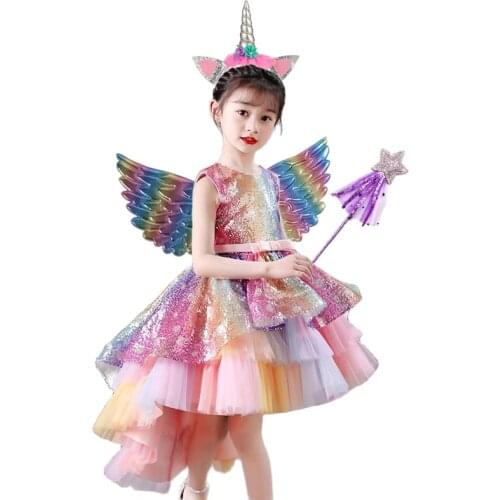 2021 Rainbow Unicorn Pony Dress Elegant Piano Performance Dresses for Kids Princess Birthday Party Gown Summer Girls Costume