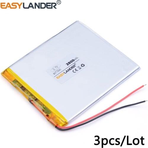 3pcs /Lot 3.7v lithium Li ion polymer rechargeable battery 407590 2800MAH For PDA Tablet PCs Digital Products 047590
